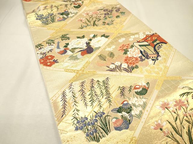 平和屋着物▼六通柄袋帯　唐織　天井御所車花鳥文　金銀糸　正絹　逸品　DABI7610fe