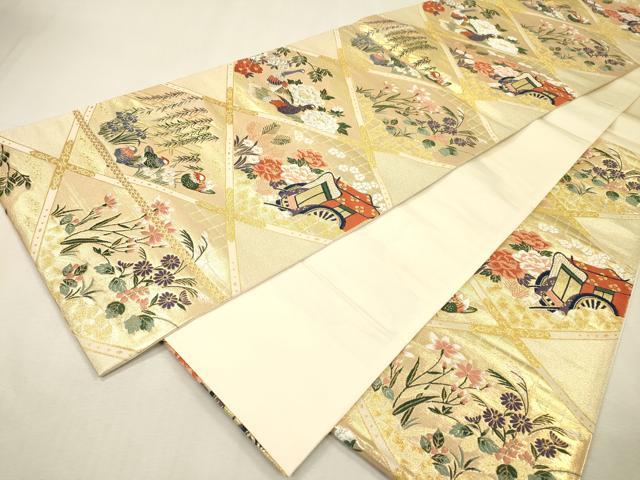 平和屋着物▼六通柄袋帯　唐織　天井御所車花鳥文　金銀糸　正絹　逸品　DABI7610fe