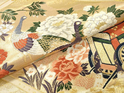 平和屋着物▼六通柄袋帯　唐織　天井御所車花鳥文　金銀糸　正絹　逸品　DABI7610fe