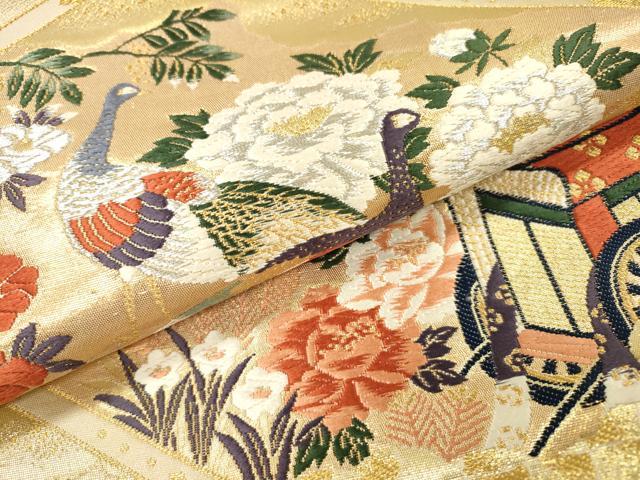 平和屋着物▼六通柄袋帯　唐織　天井御所車花鳥文　金銀糸　正絹　逸品　DABI7610fe