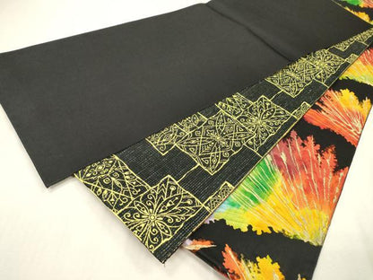 平和屋着物▼両面　六通柄袋帯　舞花　黒地　金糸　正絹　逸品　DABI7613fe