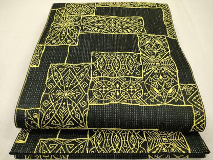 平和屋着物▼両面　六通柄袋帯　舞花　黒地　金糸　正絹　逸品　DABI7613fe