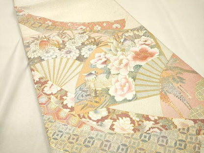 平和屋着物▼綴れ　太鼓柄袋帯　扇面花鳥文　金銀彩　正絹　逸品　DABI7616fe