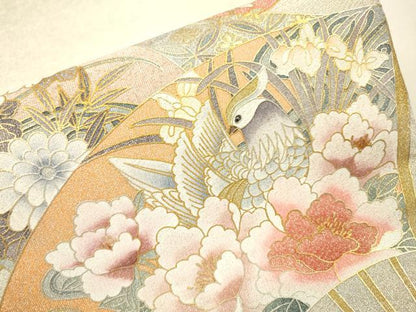 平和屋着物▼綴れ　太鼓柄袋帯　扇面花鳥文　金銀彩　正絹　逸品　DABI7616fe