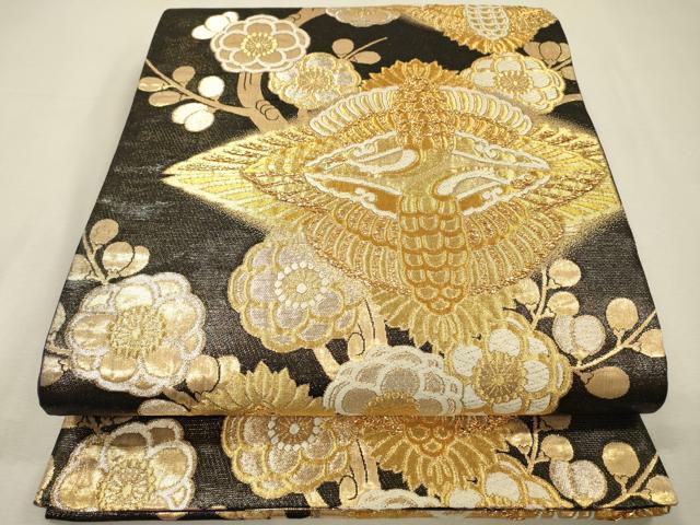 平和屋着物▼両面　六通柄袋帯　唐織　双鶴菱枝梅文　金糸　正絹　逸品　DABI7619fe