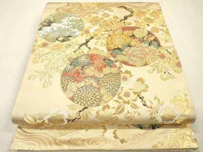 平和屋着物▼六通柄袋帯　枝桜花丸文　金銀糸　正絹　逸品　DABI7632fe