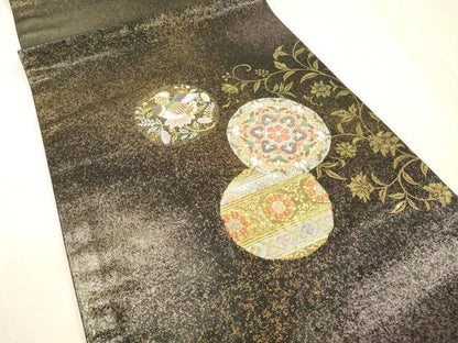 平和屋着物▼九寸開き名古屋帯　唐織　正倉院花鳥丸文　金糸　引箔　正絹　逸品　DABI7644fe