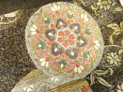 平和屋着物▼九寸開き名古屋帯　唐織　正倉院花鳥丸文　金糸　引箔　正絹　逸品　DABI7644fe
