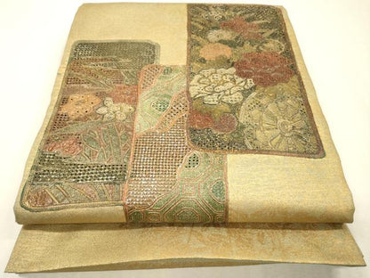 平和屋着物▼中国三大刺繍　スワトウ刺繍　汕頭刺繍　相良刺繍　総刺繍　太鼓柄袋帯　短冊花車文　金彩　正絹　逸品　DABI7652fe