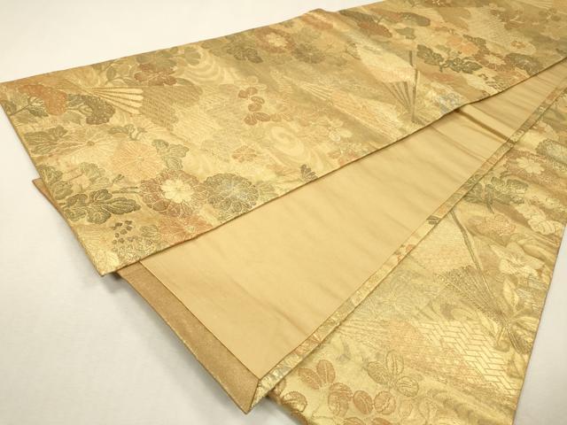 平和屋着物▼全通柄袋帯　秋草扇花文　金彩　正絹　逸品　DABI7654fe