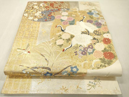平和屋本店▼六通柄袋帯　唐織　丸紋寿鶴文　本金箔　正絹　逸品　DABI7681fe