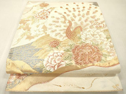 平和屋本店▼六通柄袋帯　唐織　飛鶴孔雀花文　純金　正絹　逸品　DABI7683fe
