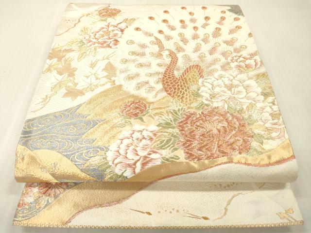 平和屋本店▼六通柄袋帯　唐織　飛鶴孔雀花文　純金　正絹　逸品　DABI7683fe