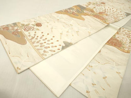平和屋本店▼六通柄袋帯　唐織　飛鶴孔雀花文　純金　正絹　逸品　DABI7683fe