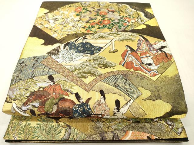平和屋本店▼六通柄袋帯　唐織　王朝歌扇絵　京うるし本金箔　正絹　逸品　DABI7697fe