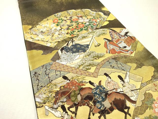 平和屋本店▼六通柄袋帯　唐織　王朝歌扇絵　京うるし本金箔　正絹　逸品　DABI7697fe