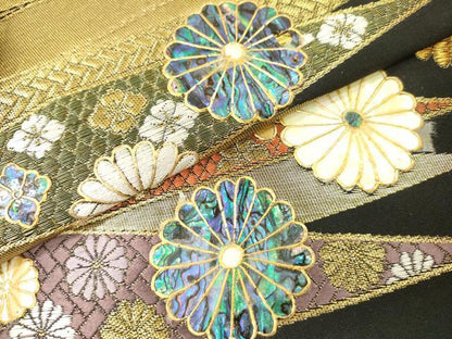 平和屋本店▼袋帯　螺鈿　菊連作　本金箔　正絹　逸品　DABI7698fe