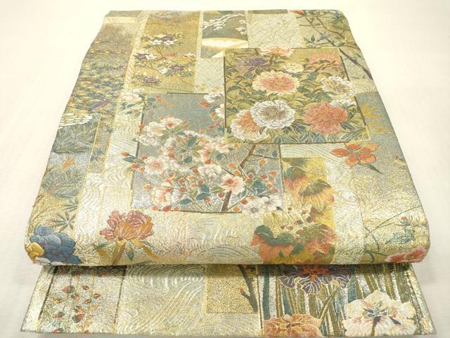平和屋本店▼極上　西陣あさぎ　両面　全通全景柄袋帯　近代花鳥画　純金箔　プラチナ　分析通知書付き　正絹　逸品　DABI7704fe