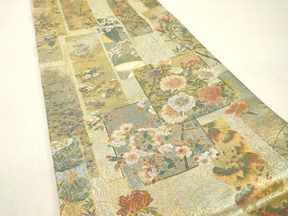 平和屋本店▼極上　西陣あさぎ　両面　全通全景柄袋帯　近代花鳥画　純金箔　プラチナ　分析通知書付き　正絹　逸品　DABI7704fe