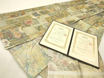 平和屋本店▼極上　西陣あさぎ　両面　全通全景柄袋帯　近代花鳥画　純金箔　プラチナ　分析通知書付き　正絹　逸品　DABI7704fe