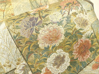 平和屋本店▼極上　西陣あさぎ　両面　全通全景柄袋帯　近代花鳥画　純金箔　プラチナ　分析通知書付き　正絹　逸品　DABI7704fe