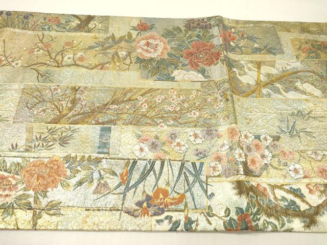 平和屋本店▼極上　西陣あさぎ　両面　全通全景柄袋帯　近代花鳥画　純金箔　プラチナ　分析通知書付き　正絹　逸品　DABI7704fe
