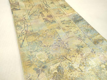 平和屋本店▼極上　西陣あさぎ　両面　全通全景柄袋帯　近代花鳥画　純金箔　プラチナ　分析通知書付き　正絹　逸品　DABI7704fe