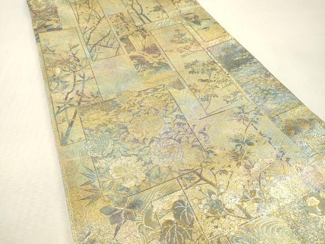 平和屋本店▼極上　西陣あさぎ　両面　全通全景柄袋帯　近代花鳥画　純金箔　プラチナ　分析通知書付き　正絹　逸品　DABI7704fe