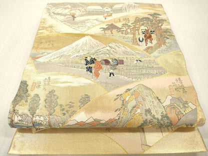 平和屋本店▼全通全景柄袋帯　東海道五拾三次絵図　本金箔織　正絹　逸品　DABI7727fe