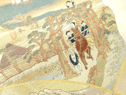 平和屋本店▼全通全景柄袋帯　東海道五拾三次絵図　本金箔織　正絹　逸品　DABI7727fe