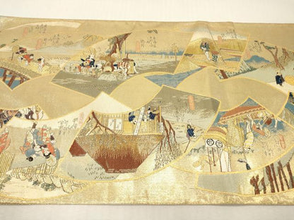 平和屋本店▼全通全景柄袋帯　東海道五拾三次絵図　本金箔織　正絹　逸品　DABI7727fe