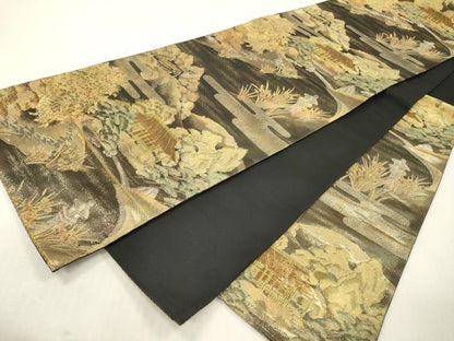 平和屋本店▼六通柄袋帯　風景文　黒地　純金箔　正絹　逸品　DABI7728fe
