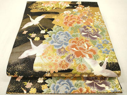 平和屋本店▼六通柄袋帯　飛鶴花文　黒地　本金箔二重　正絹　逸品　DABI7734fe