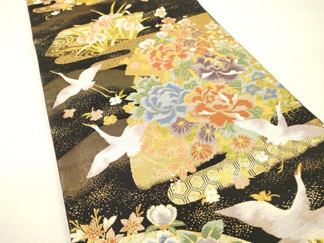 平和屋本店▼六通柄袋帯　飛鶴花文　黒地　本金箔二重　正絹　逸品　DABI7734fe