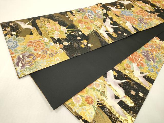 平和屋本店▼六通柄袋帯　飛鶴花文　黒地　本金箔二重　正絹　逸品　DABI7734fe