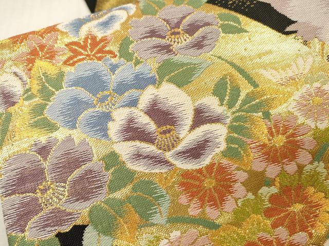 平和屋本店▼六通柄袋帯　飛鶴花文　黒地　本金箔二重　正絹　逸品　DABI7734fe