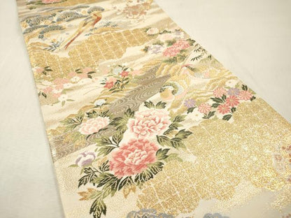 平和屋本店▼六通柄袋帯　唐織　花鳥文　本金箔24K　正絹　逸品　未使用　DABI7735fe
