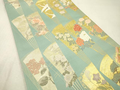 平和屋本店▼六通柄袋帯　唐織　縦列扇子文　唐金　本金箔　正絹　逸品　未使用　DABI7737fe