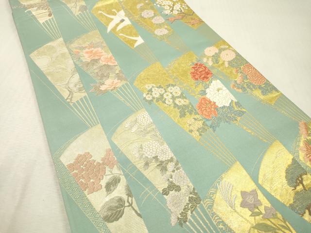 平和屋本店▼六通柄袋帯　唐織　縦列扇子文　唐金　本金箔　正絹　逸品　未使用　DABI7737fe