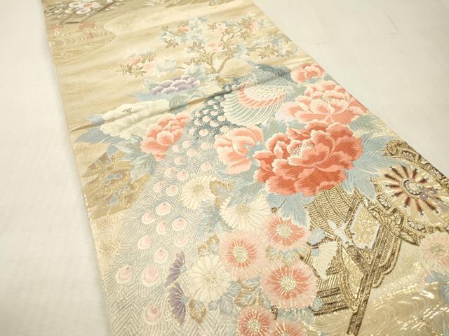 平和屋本店▼六通柄袋帯　唐織　九百錦　孔雀花車文　24K純金箔錦　正絹　逸品　DABI7771fe