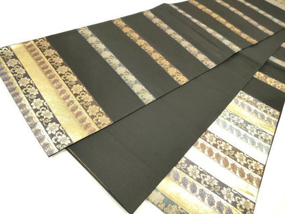平和屋本店▼六通柄袋帯　横段裂小袖　黒地　本金　正絹　逸品　DABI7776fe