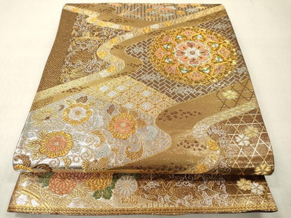 平和屋本店▼六通柄袋帯　正倉院道長花文　純金二重箔　正絹　逸品　DABI7782fe