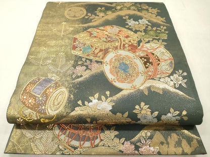 平和屋本店▼袋帯　鼓花文　螺鈿本金真珠箔　正絹　逸品　DABI7784fe