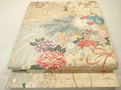 平和屋本店▼六通柄袋帯　唐織　彩花孔雀紋　本金二重箔　正絹　逸品　DABI7785fe