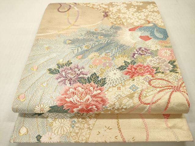 平和屋本店▼六通柄袋帯　唐織　彩花孔雀紋　本金二重箔　正絹　逸品　DABI7785fe