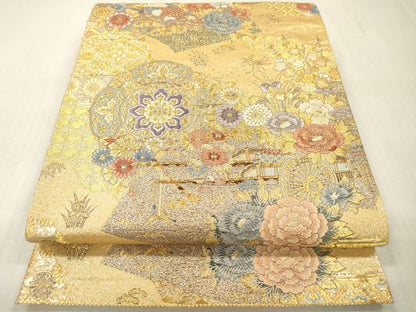 平和屋本店▼六通柄袋帯　唐織　扇面花車文　九百本金弐重織　正絹　逸品　DABI7793fe