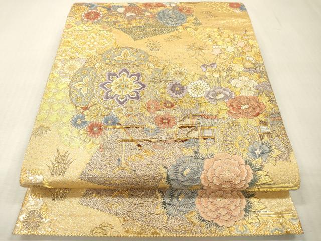 平和屋本店▼六通柄袋帯　唐織　扇面花車文　九百本金弐重織　正絹　逸品　DABI7793fe