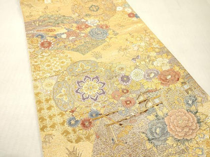 平和屋本店▼六通柄袋帯　唐織　扇面花車文　九百本金弐重織　正絹　逸品　DABI7793fe