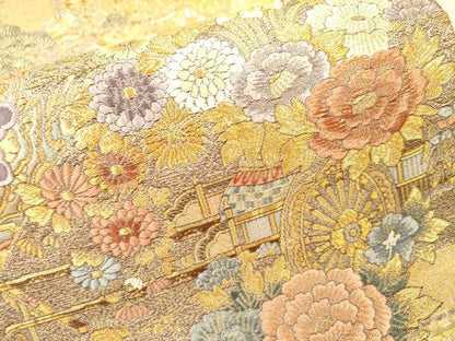 平和屋本店▼六通柄袋帯　唐織　扇面花車文　九百本金弐重織　正絹　逸品　DABI7793fe