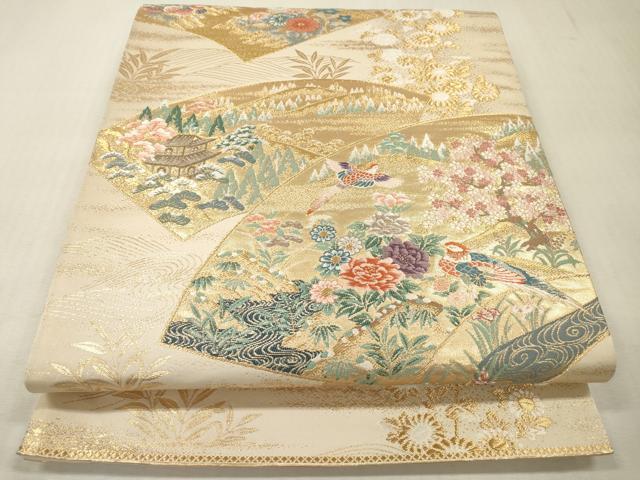 平和屋本店▼六通柄袋帯　唐織　扇面流水菊　本金箔二重箔　正絹　逸品　未使用　DABI7794fe